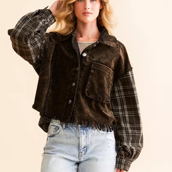 Miss Me Pieced Plaid Washed Corduroy Jacket Plaid Corduroy Jacket - Picture 2 of 6